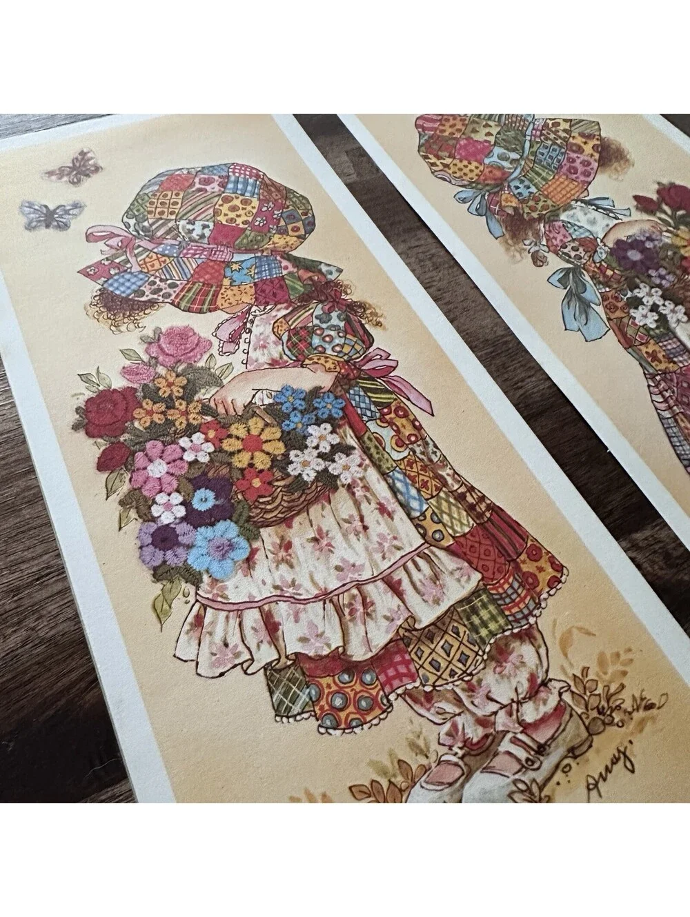 2 Vintage 1970’s Holly Hobbie Decoupage Ephemera Patchwork Print 4.5”X 10.5” Amy